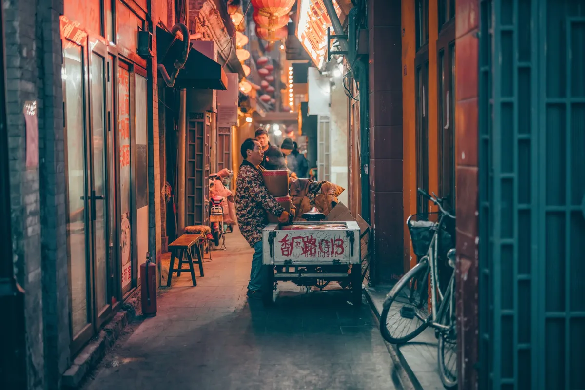 Beijing hutong alley lights at night