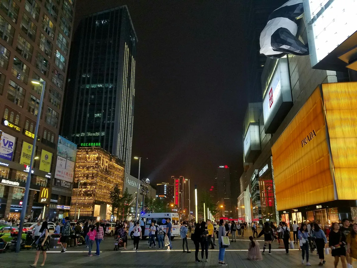 Chunxi Road and IFS shopping street lights at night in Chengdu