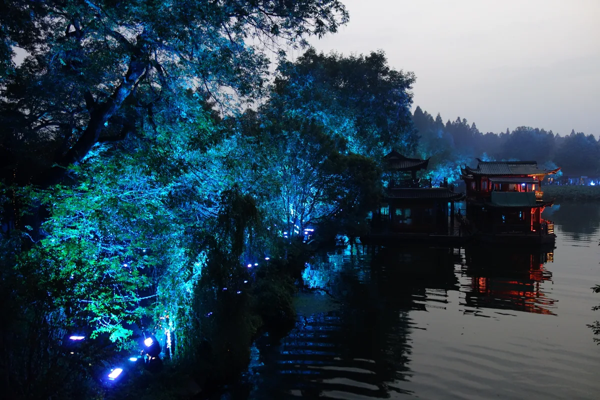 West Lake shoreline lights in Hangzhou at night