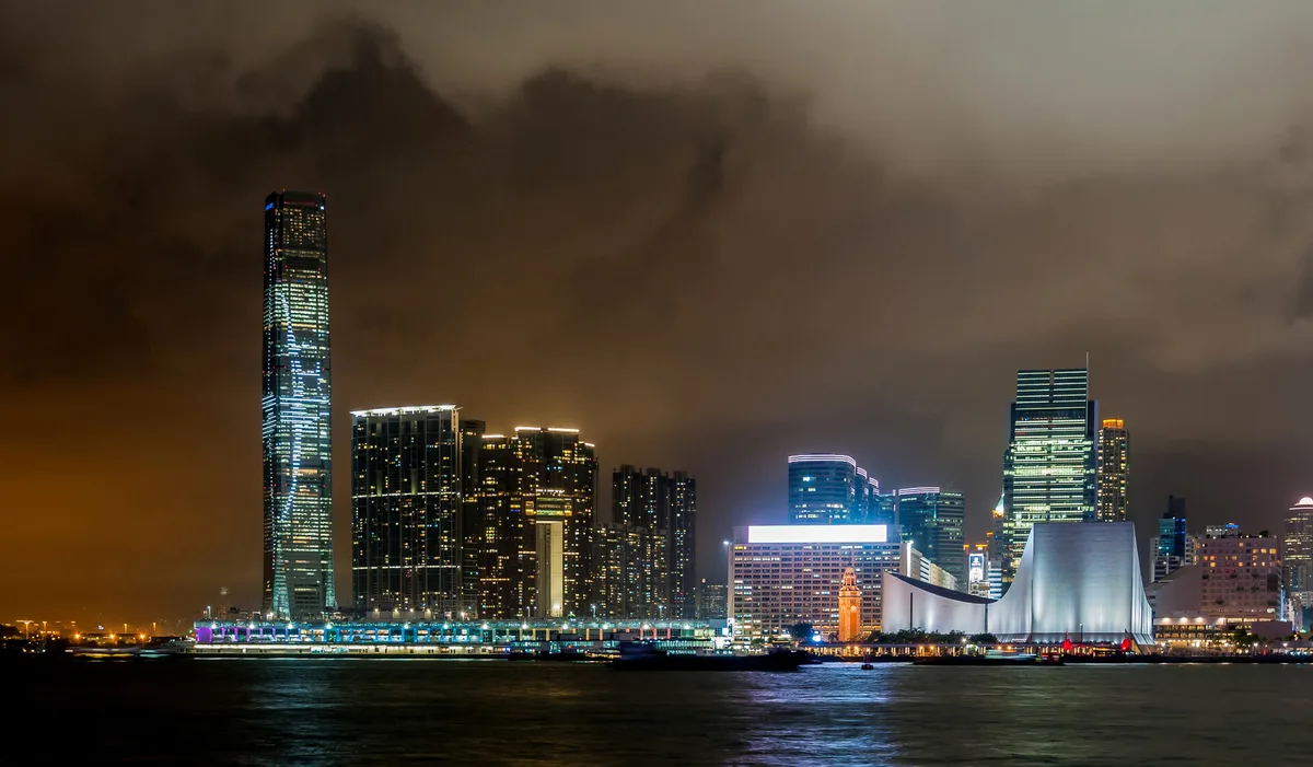 International Commerce Centre and Victoria Harbour at night in Hong Kong