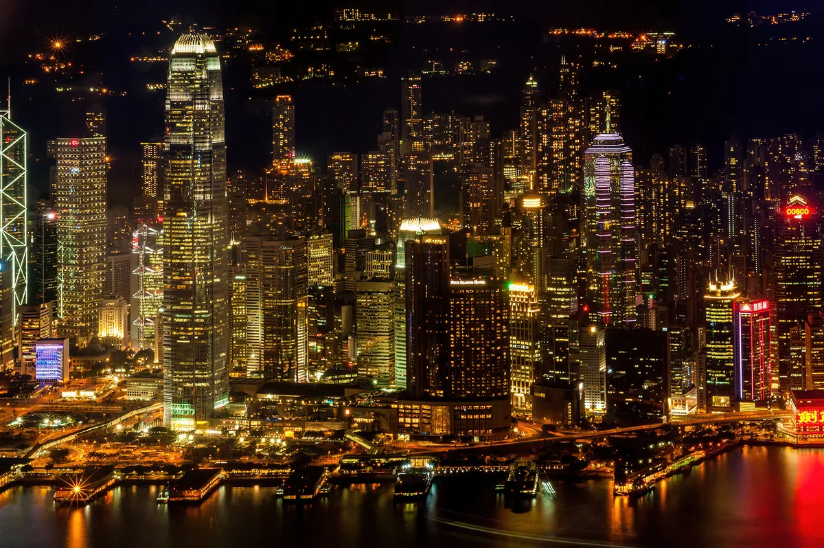 Hong Kong Island skyscrapers and harbour lights at night