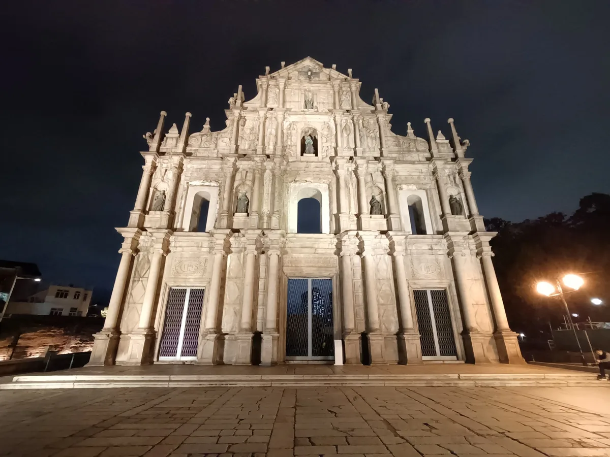 Ruins of St. Paul's illuminated at night in Macau