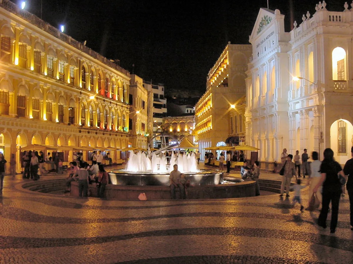 Senado Square illuminated at night in Macau