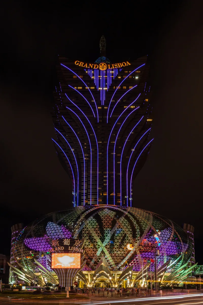 Grand Lisboa lights at night in Macau