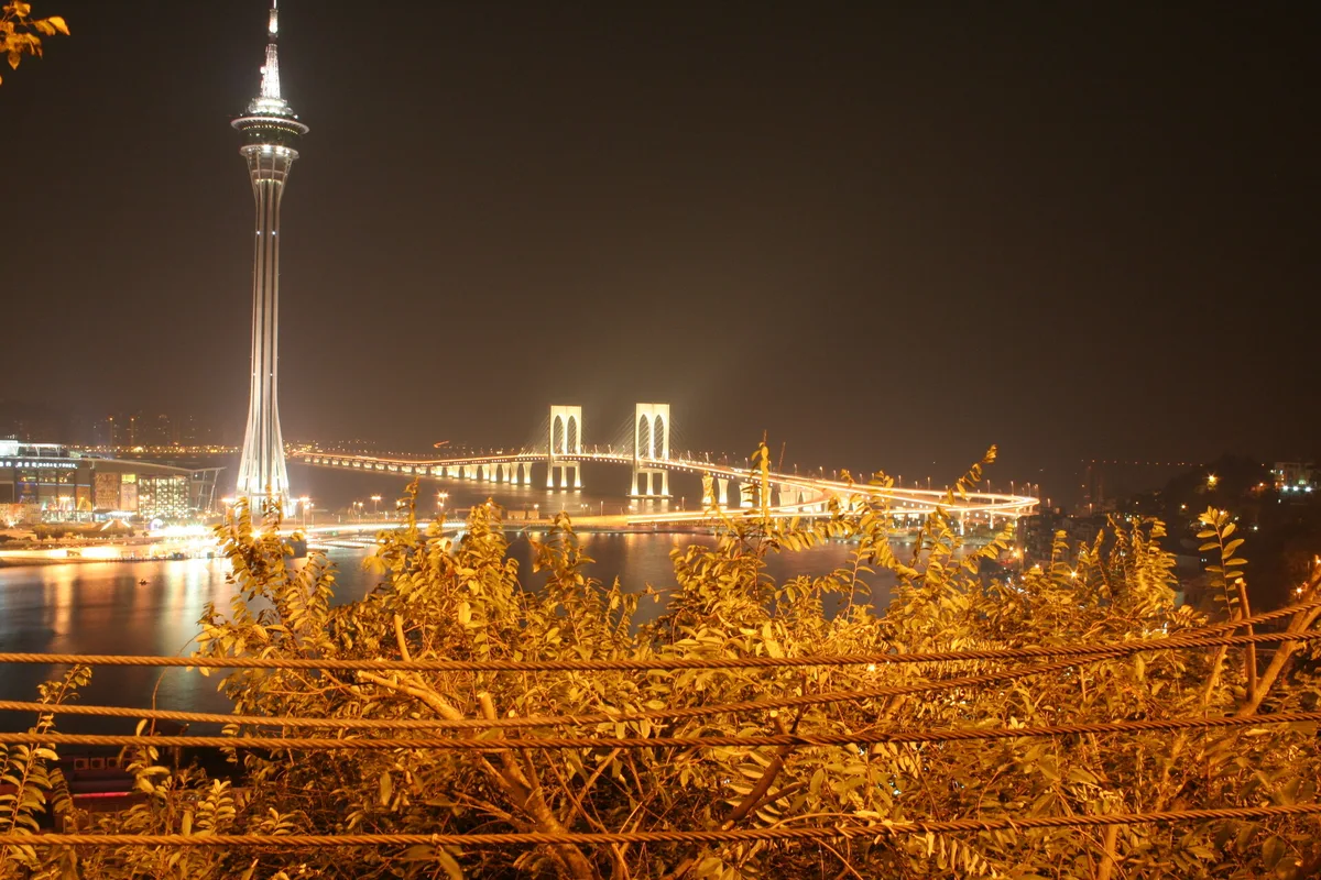 Macau Tower and waterfront lights at night