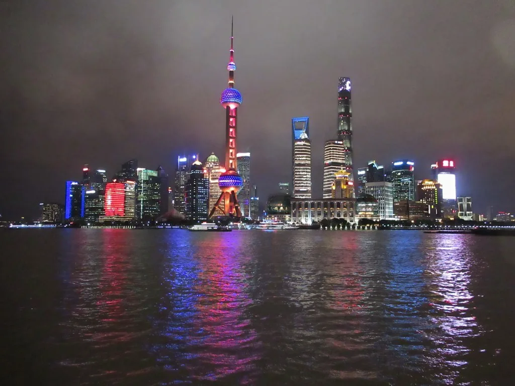 Pudong Shanghai night skyline from the riverfront