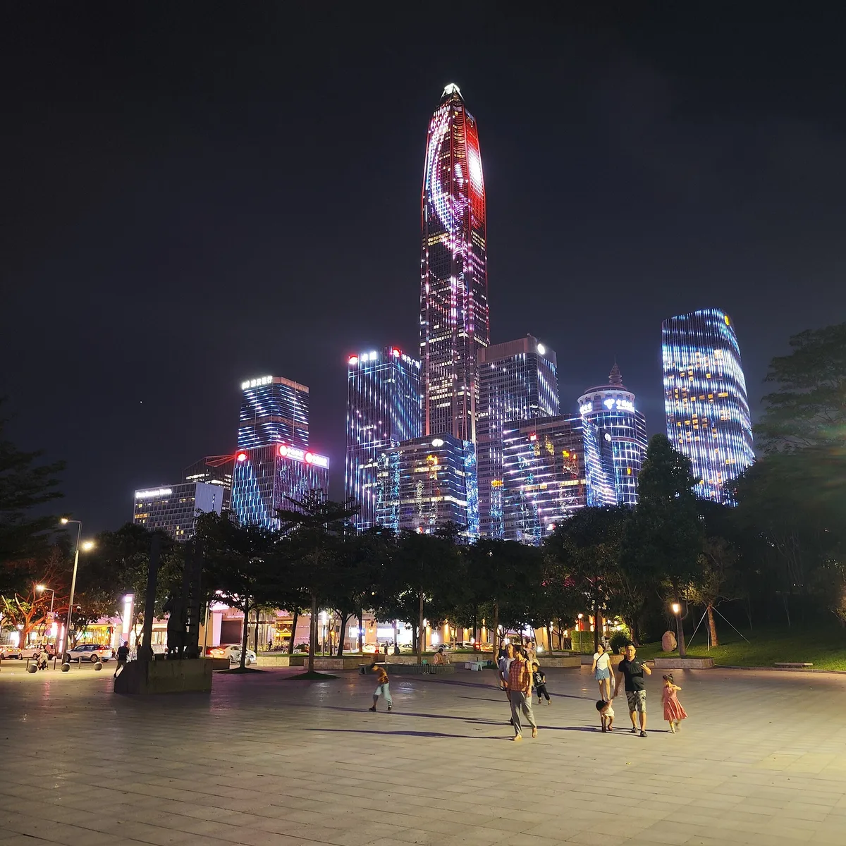 Shenzhen Futian skyscraper light show at night