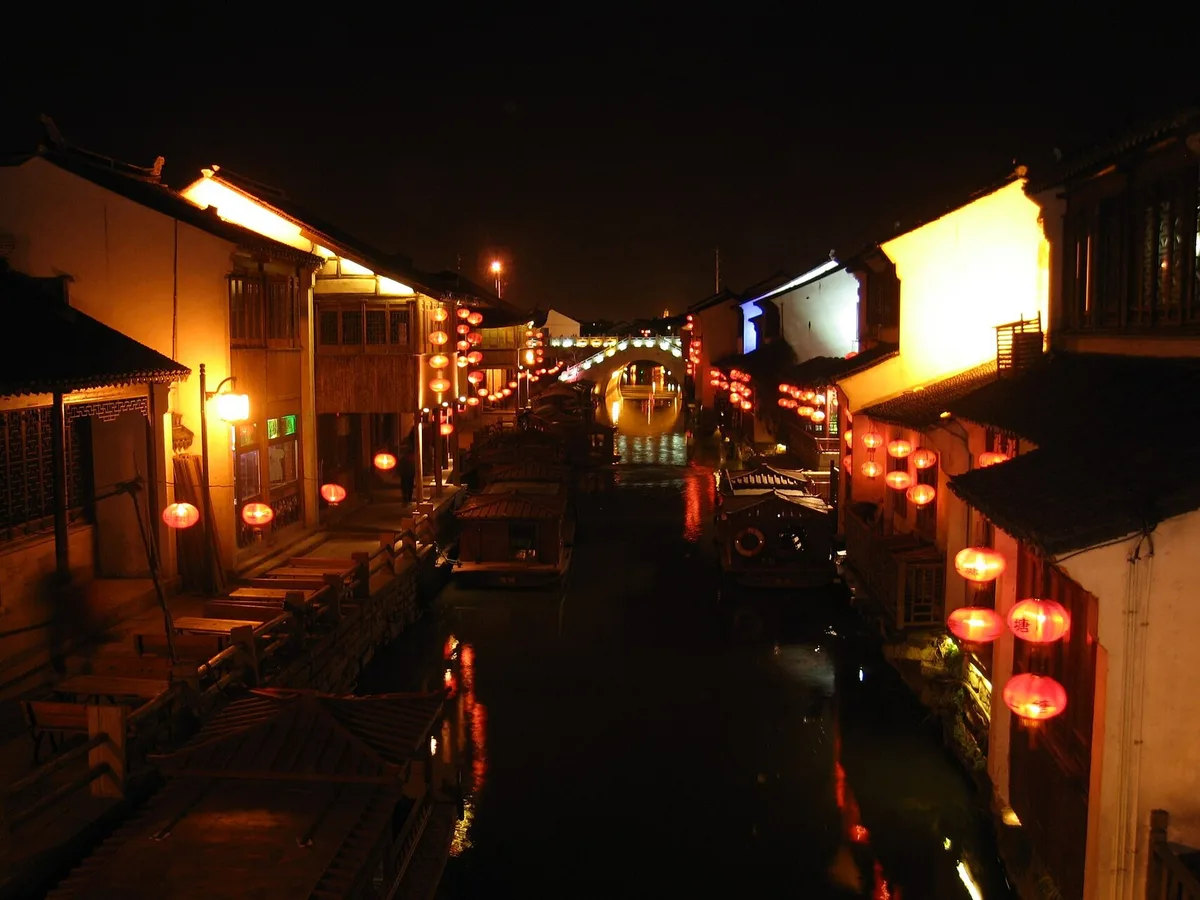 Suzhou Shantang Canal lantern reflections at night