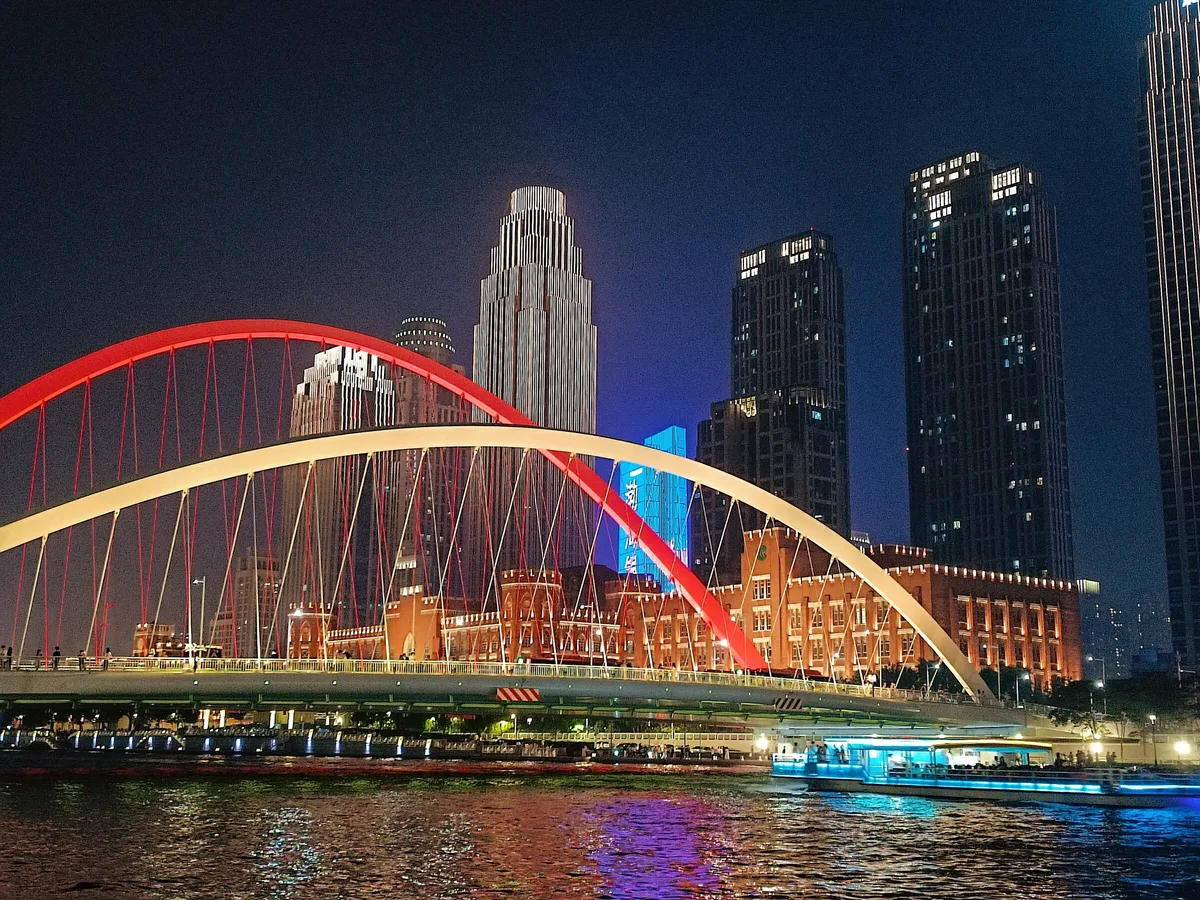 Dagu Bridge and high-rise lights on the Haihe River in Tianjin at night