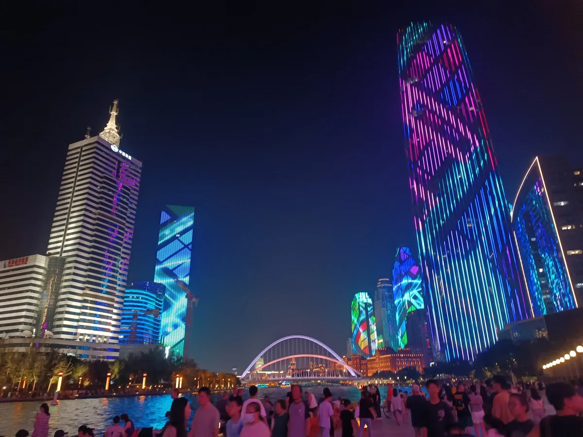 Modern Haihe River skyline lights in Tianjin at night