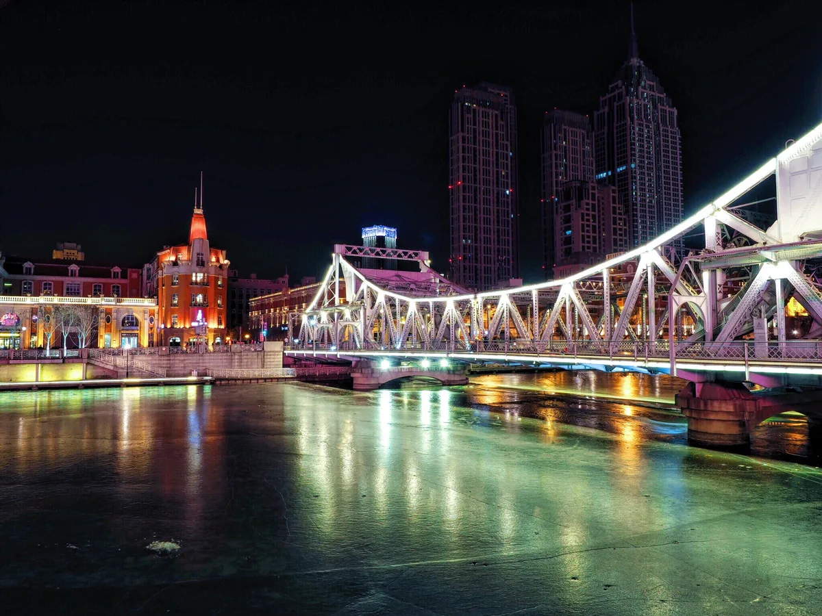 Italian Style Town waterfront and bridge lights in Tianjin at night