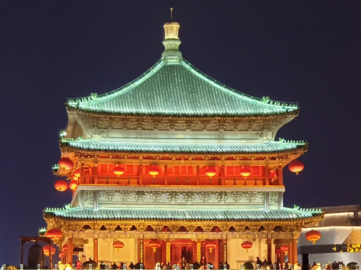 Xi'an Bell Tower illuminated at night