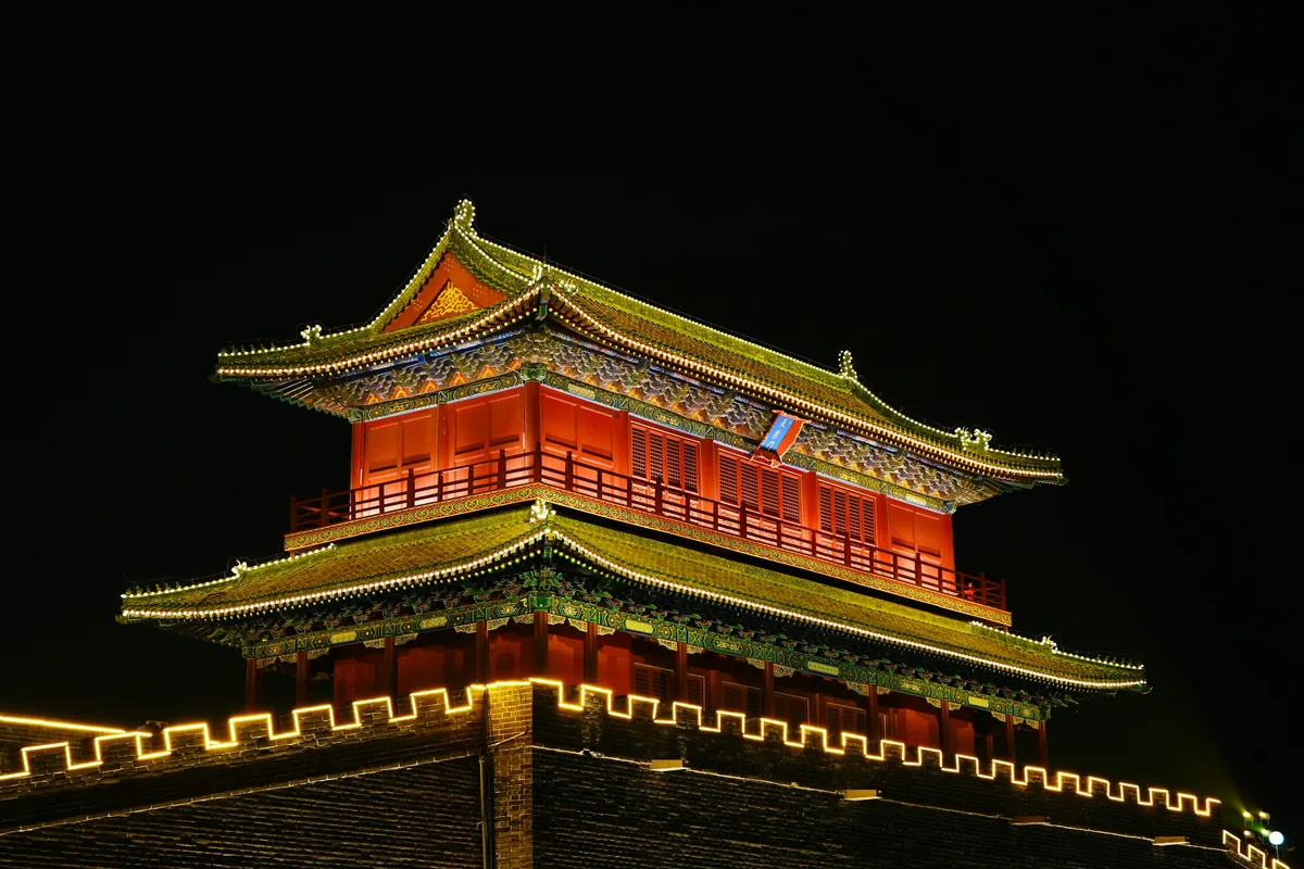Zhengding historic gate lighting detail at night