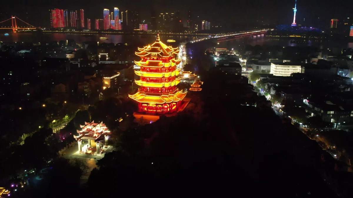 Yellow Crane Tower and Wuchang lights at night in Wuhan