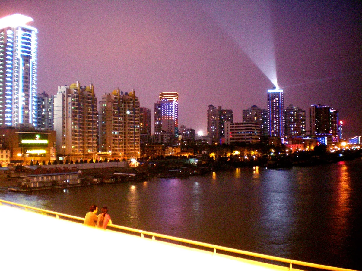 Hankou skyline and riverfront lights at night in Wuhan
