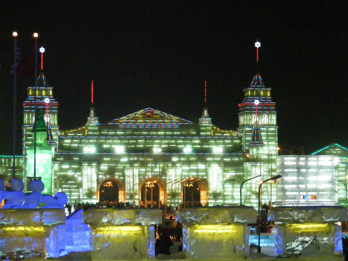 Snow and Ice World architecture illuminated in Harbin