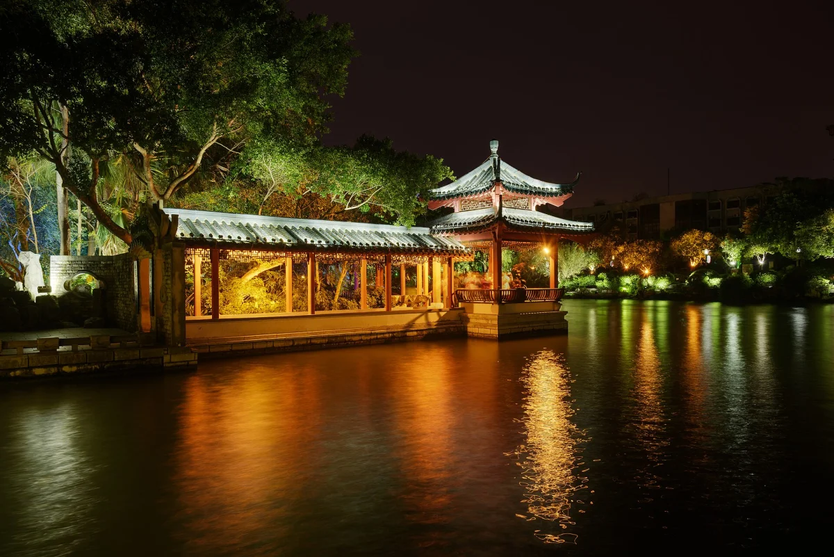 Ronghu Lake pavilion and reflections at night in Guilin