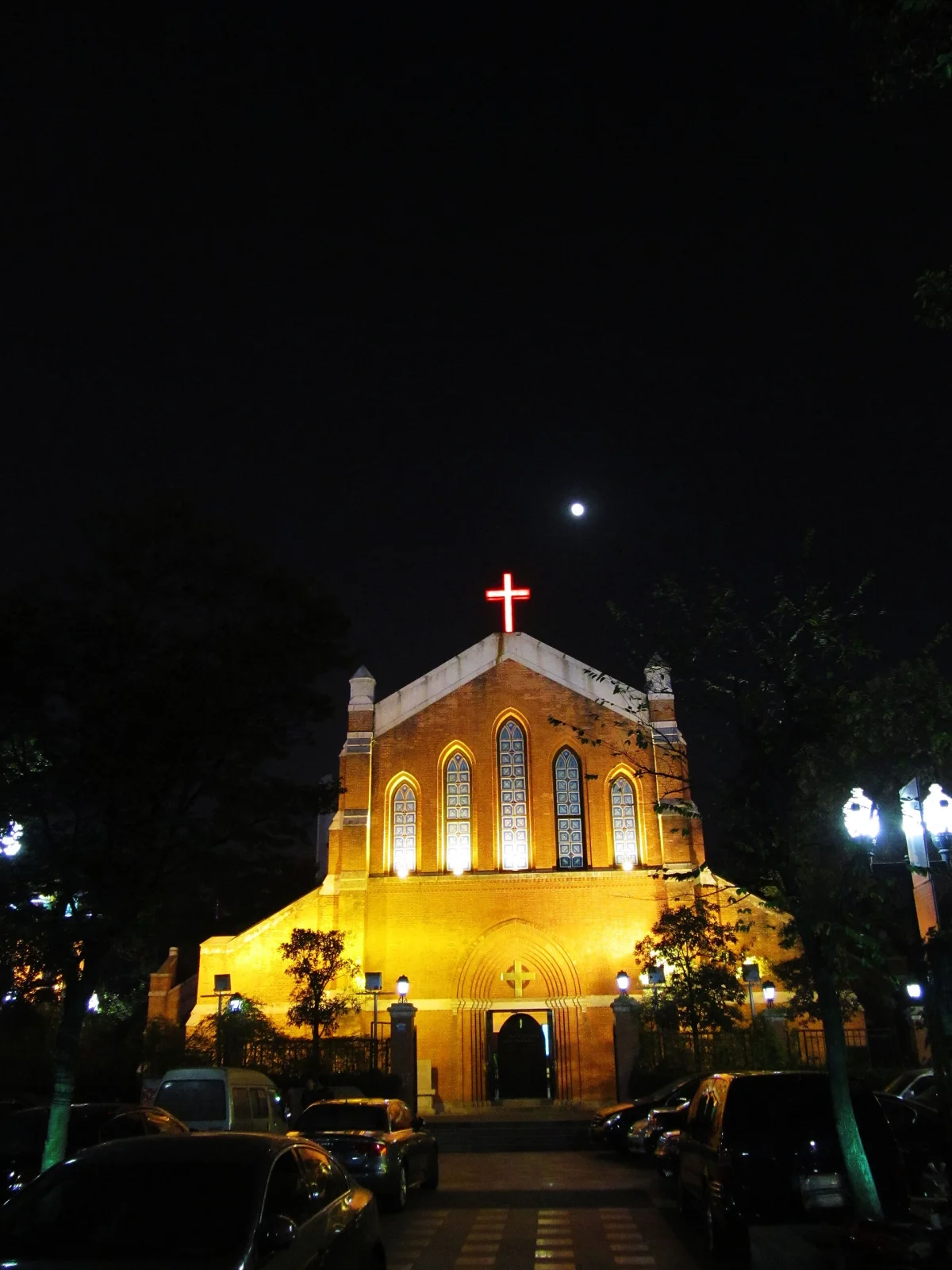 Historic Protestant church illuminated at night in Wuxi