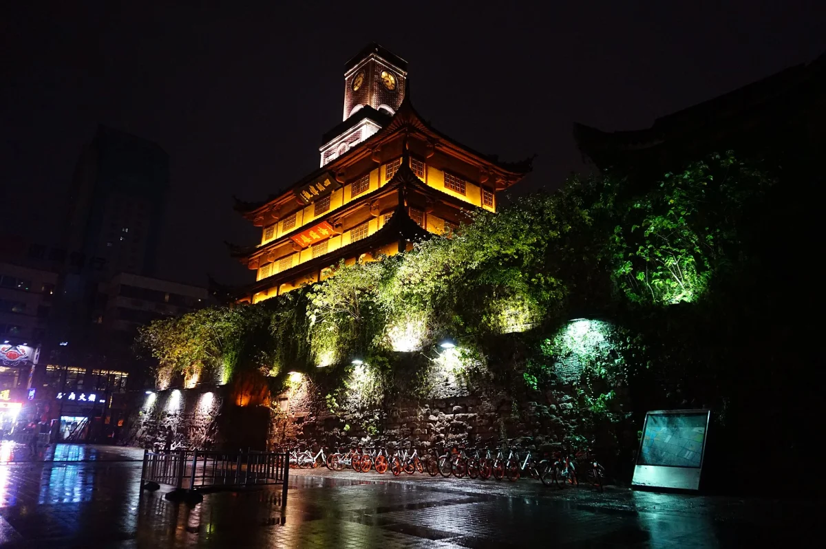 Ningbo Drum Tower illuminated at night