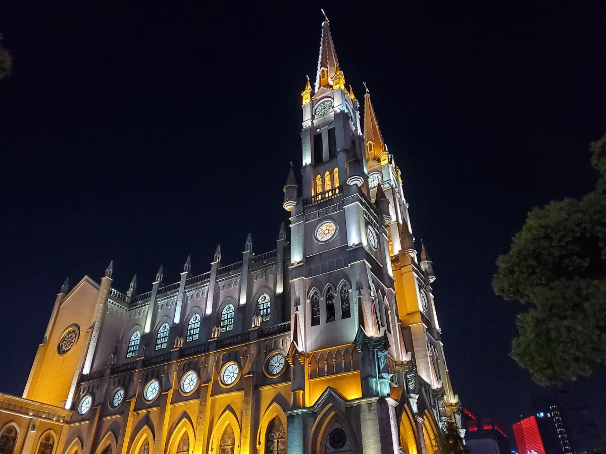 Cathedral of Our Lady of the Assumption lit at night in Ningbo