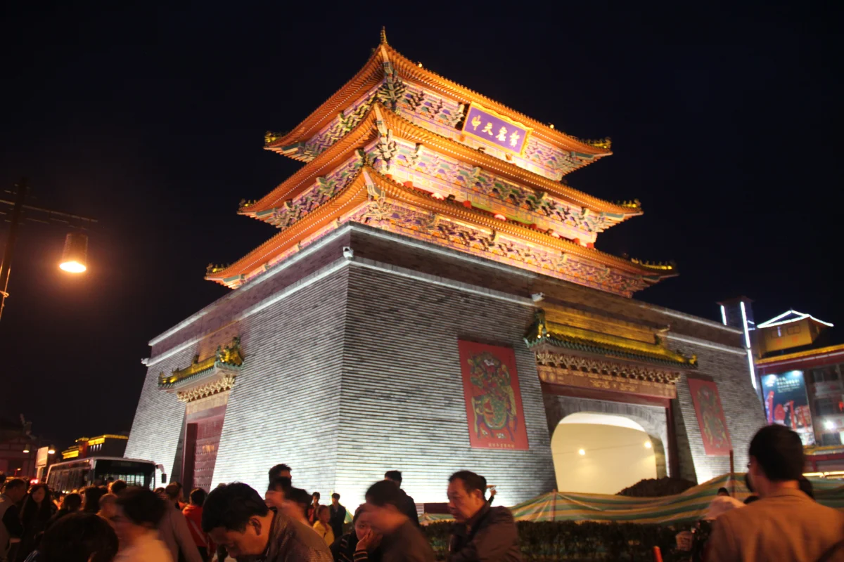 Kaifeng Drum Tower Night Market with busy stalls and evening lights