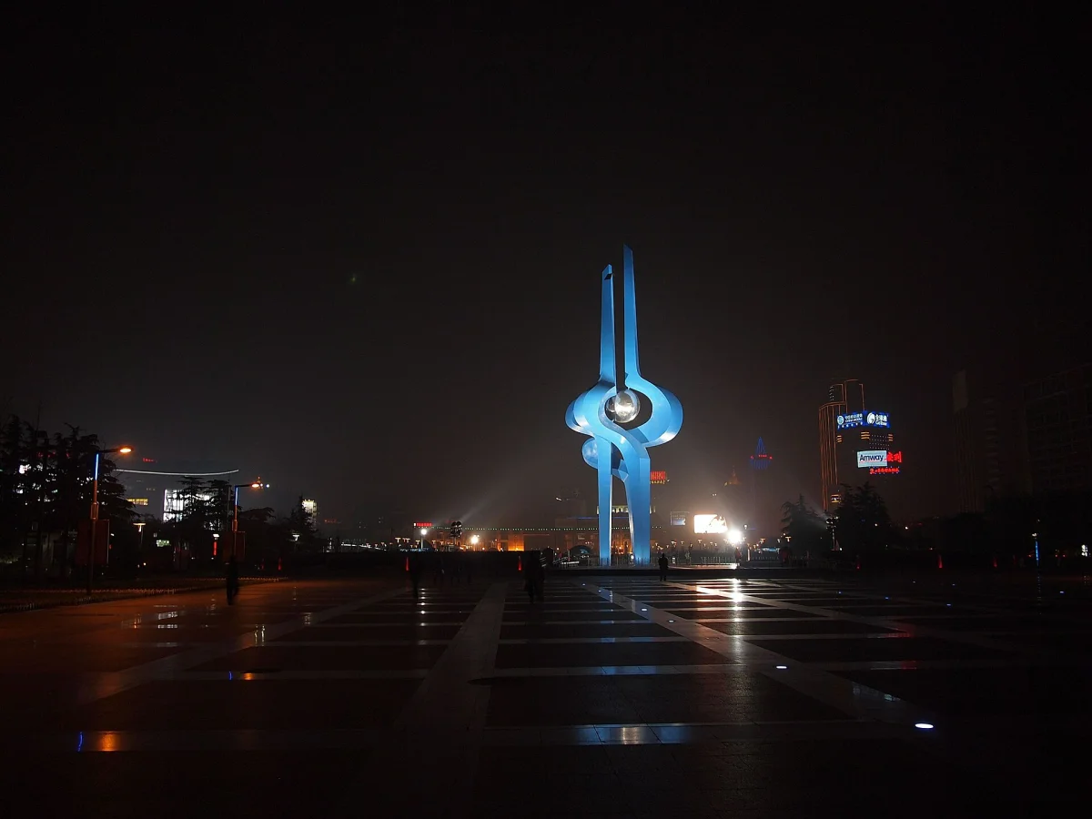 Quancheng Square illuminated at night in Jinan