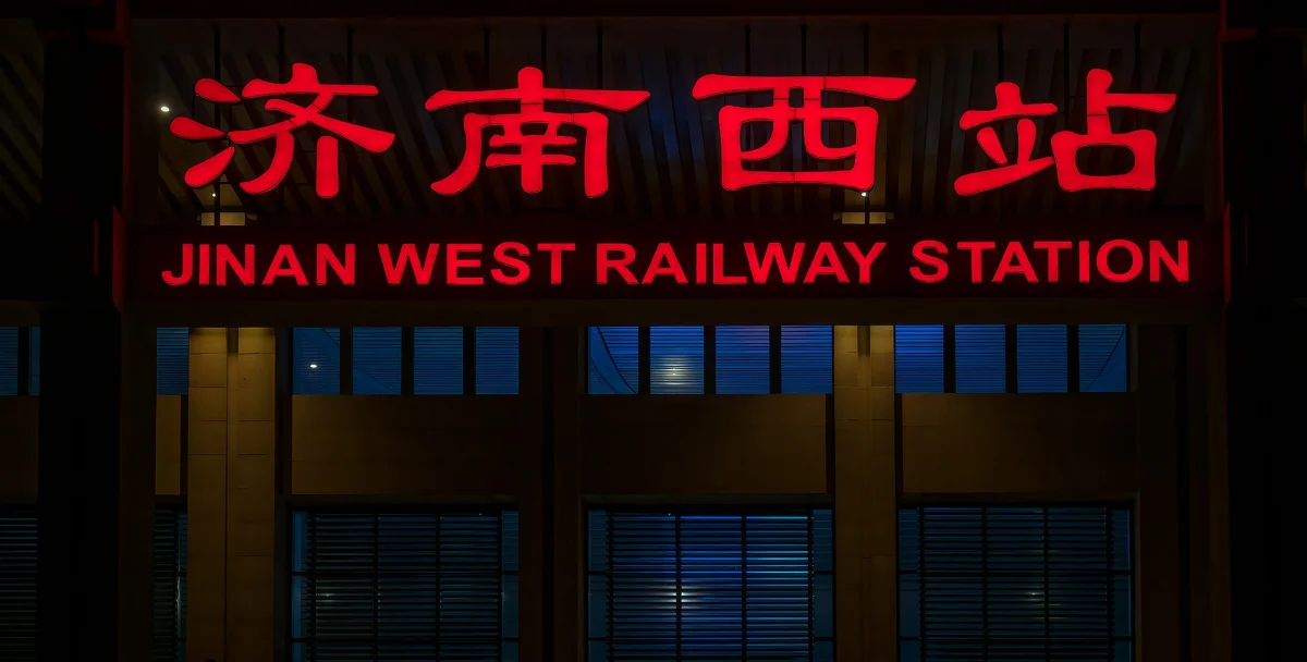 Jinan West Railway Station sign glowing at night