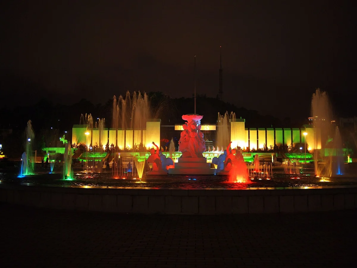Wuyi Square fountains illuminated at night in Fuzhou