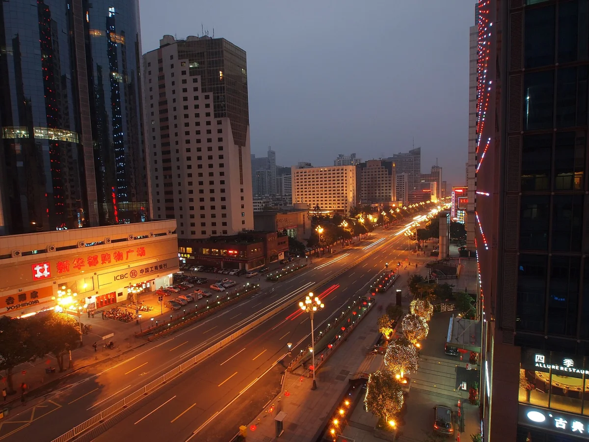 Wusi Road city lights and traffic trails at night in Fuzhou