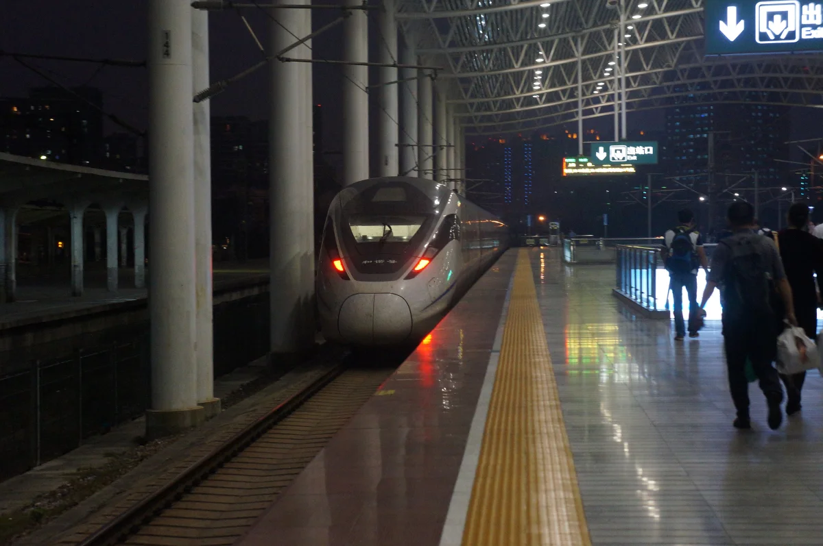 High-speed train departing Changzhou Station at night