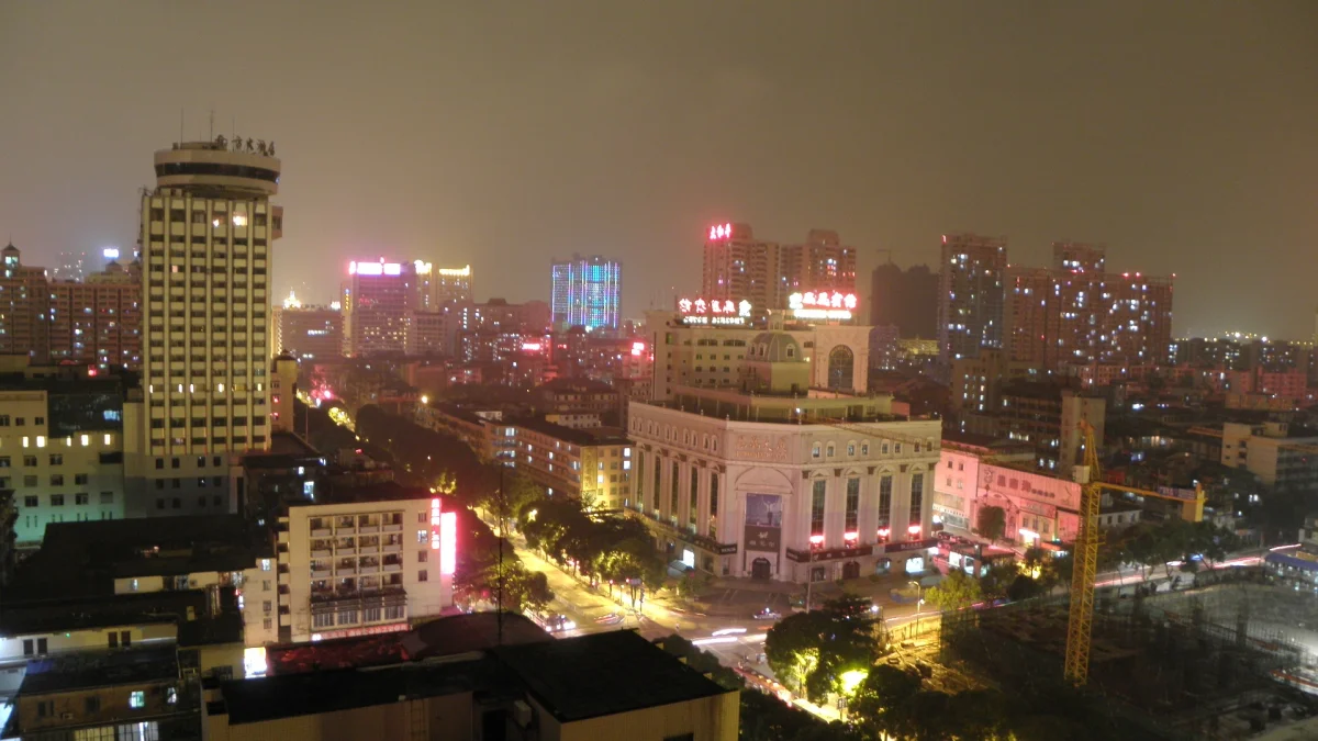 Nanning downtown night overlook with lit roads and buildings