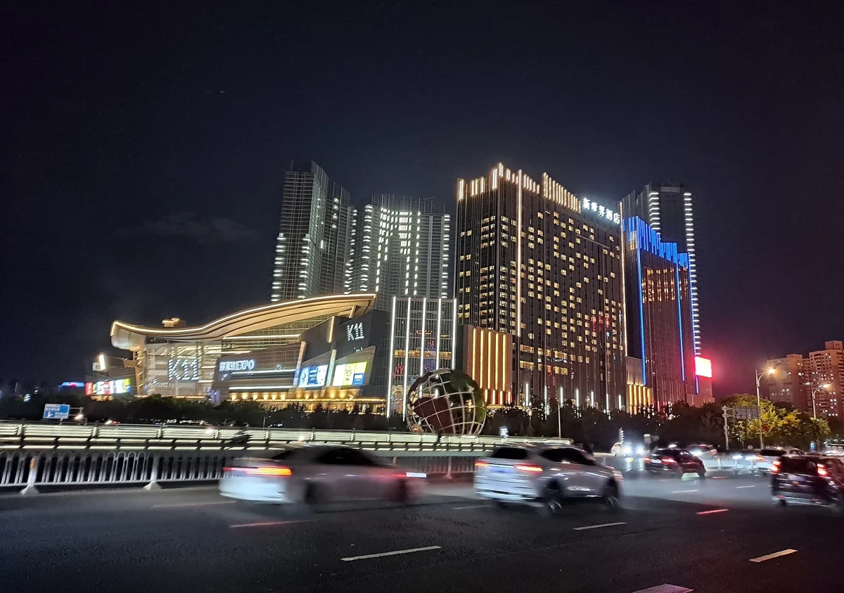 Downtown Shenyang buildings and traffic lights at night