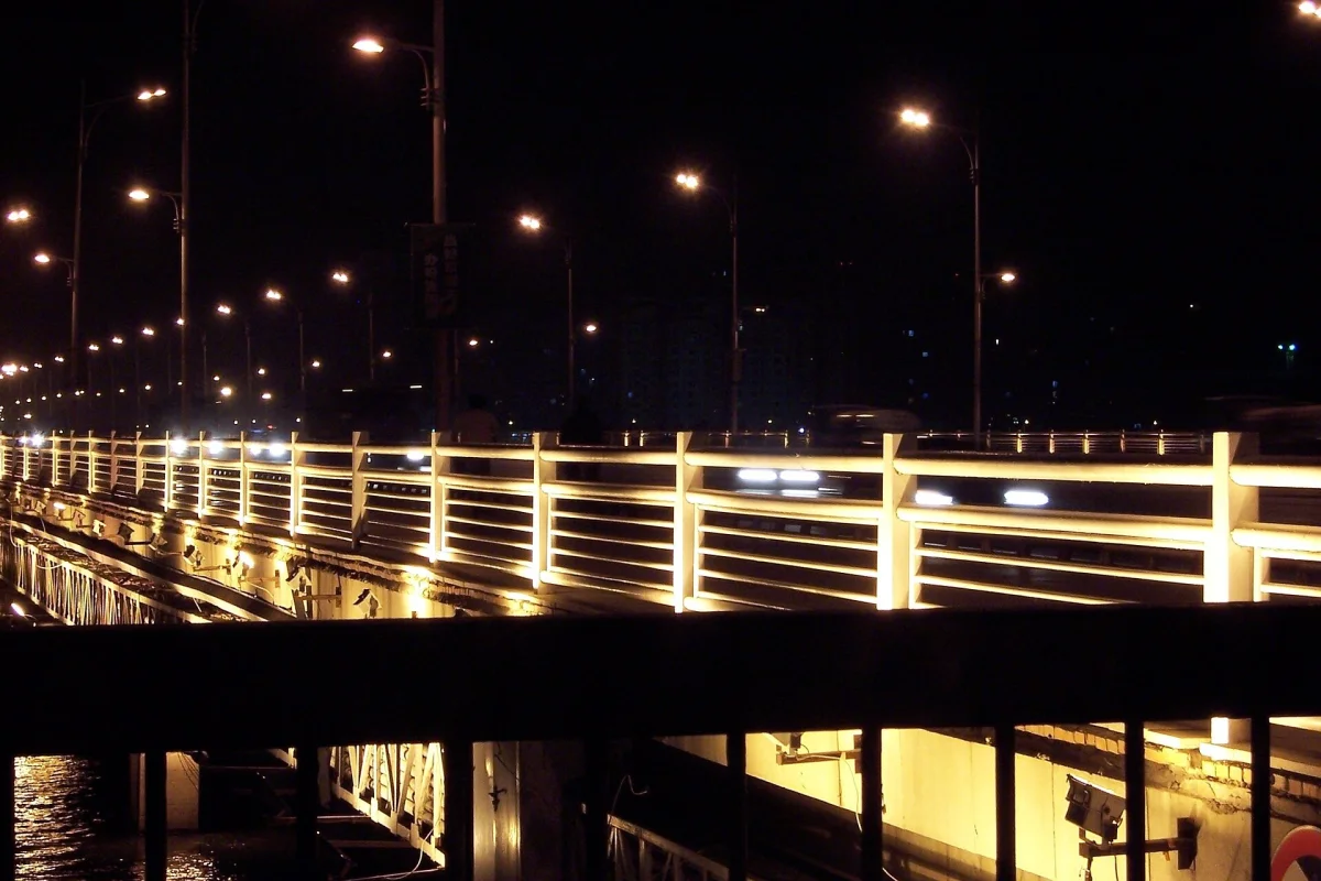 Hunhe bridge rail lights at night in Shenyang