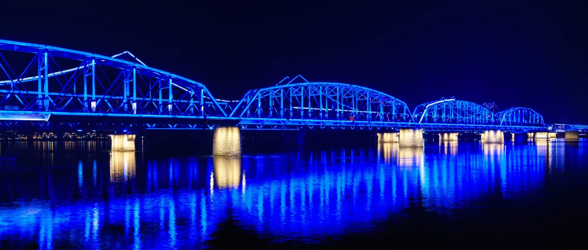 Yalu River Broken Bridge lit in blue at night