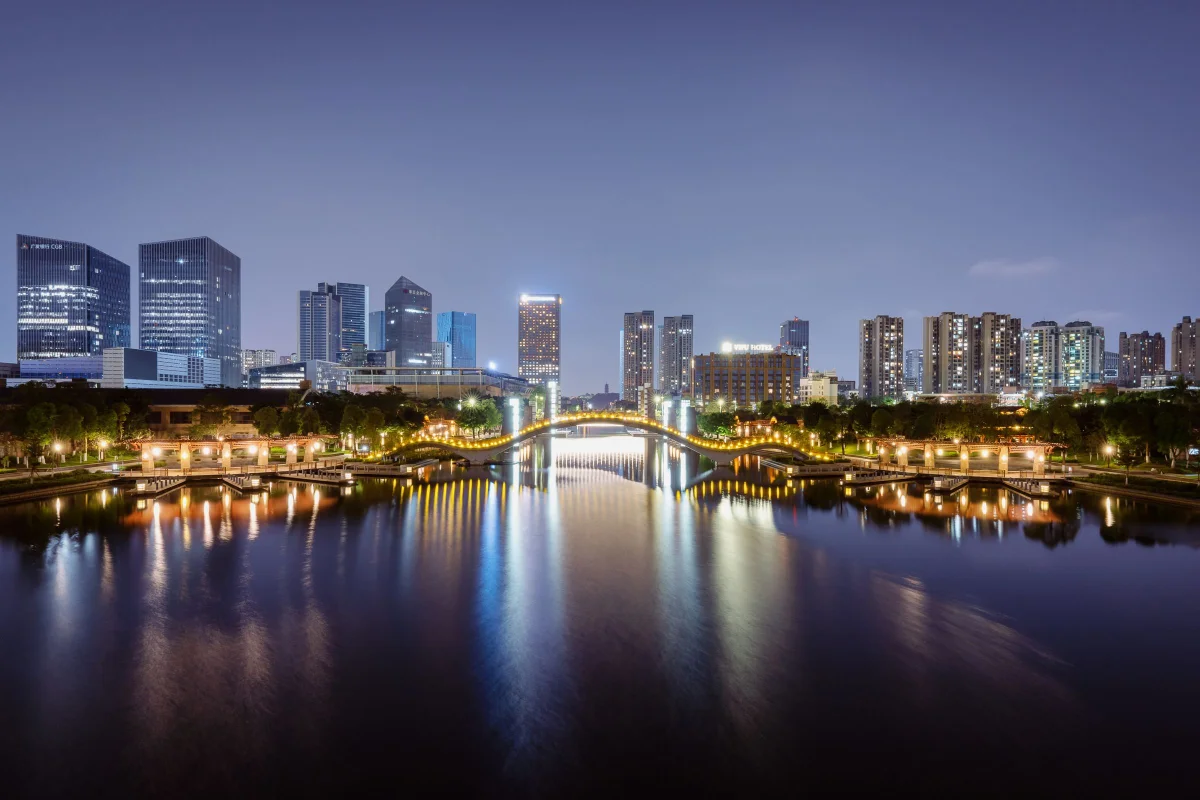 Foshan skyline reflected by the water at night