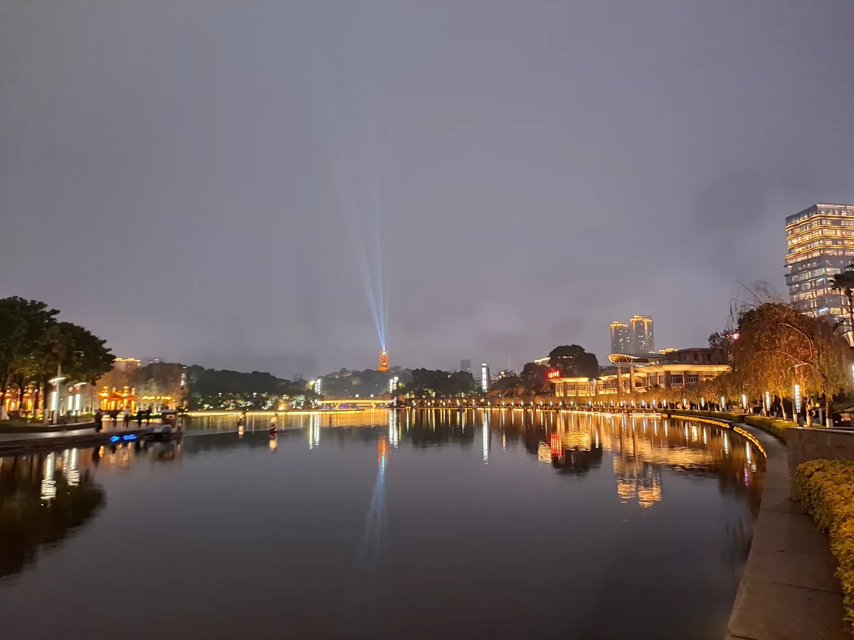 Qiandeng Lake waterfront lights and skyline in Foshan