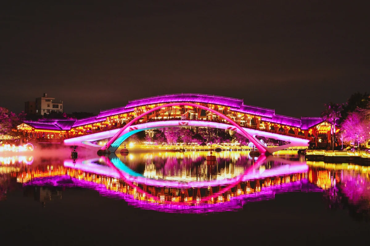 Illuminated bridge reflection in Nanhai Foshan