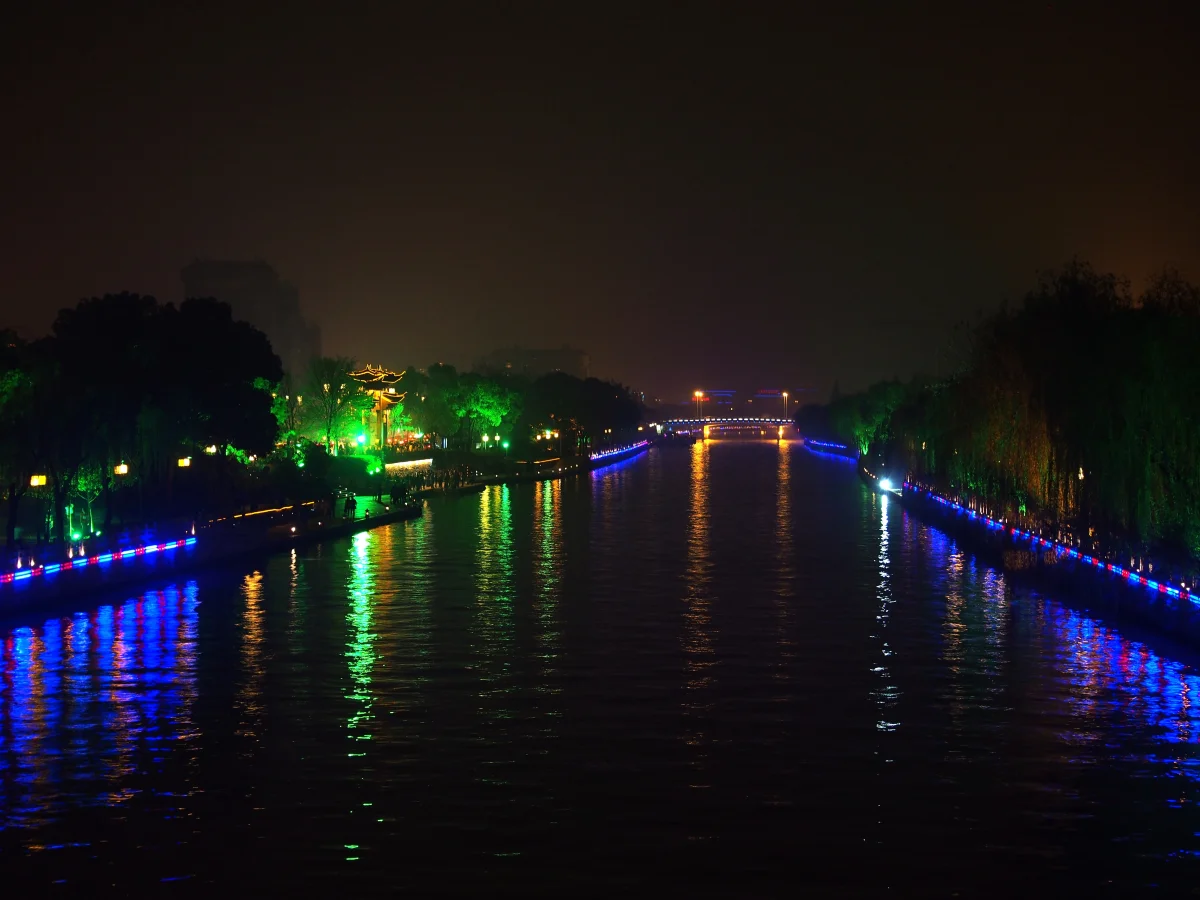 Grand Canal lights reflected at night in Yangzhou