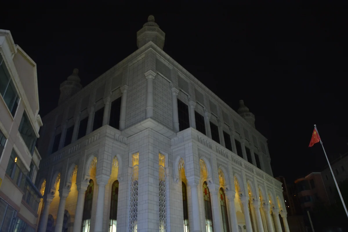 Nanguan Mosque white facade at night in Xining