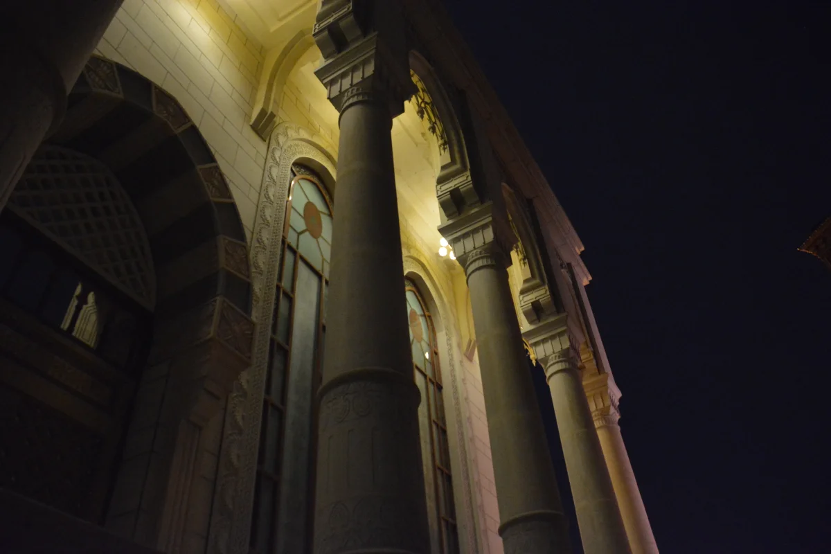 Nanguan Mosque arch details at night in Xining