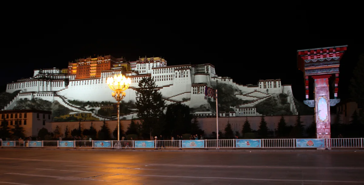 Panoramic night view of Potala Palace from the road