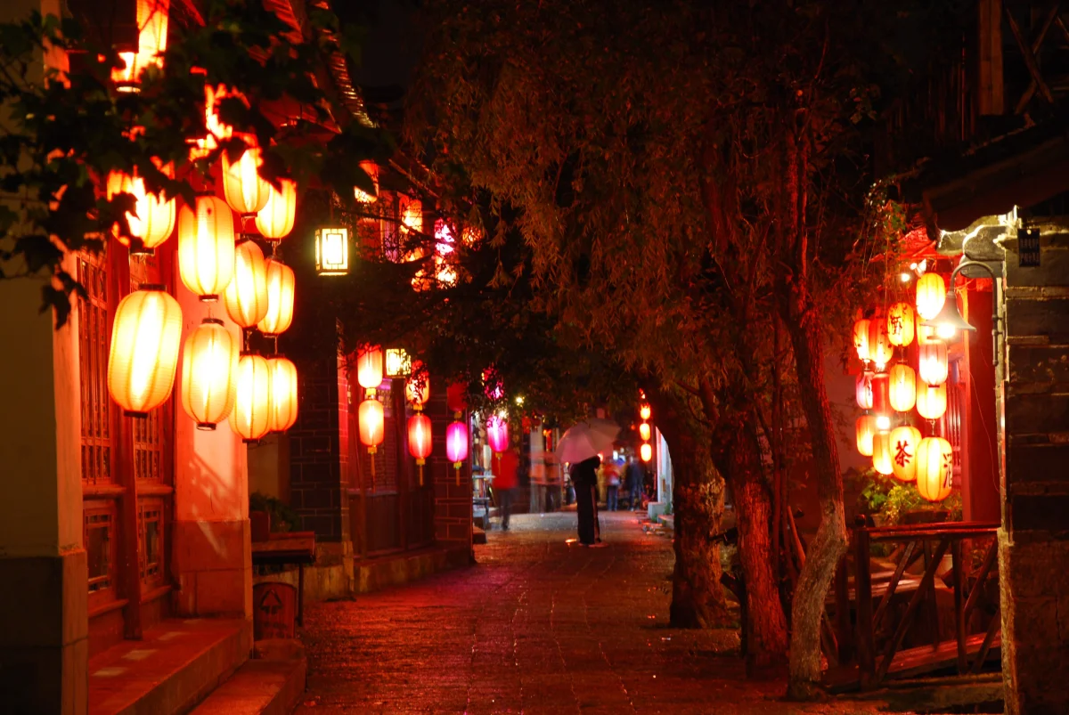 Lantern-lit lane and shopfronts in Lijiang Old Town