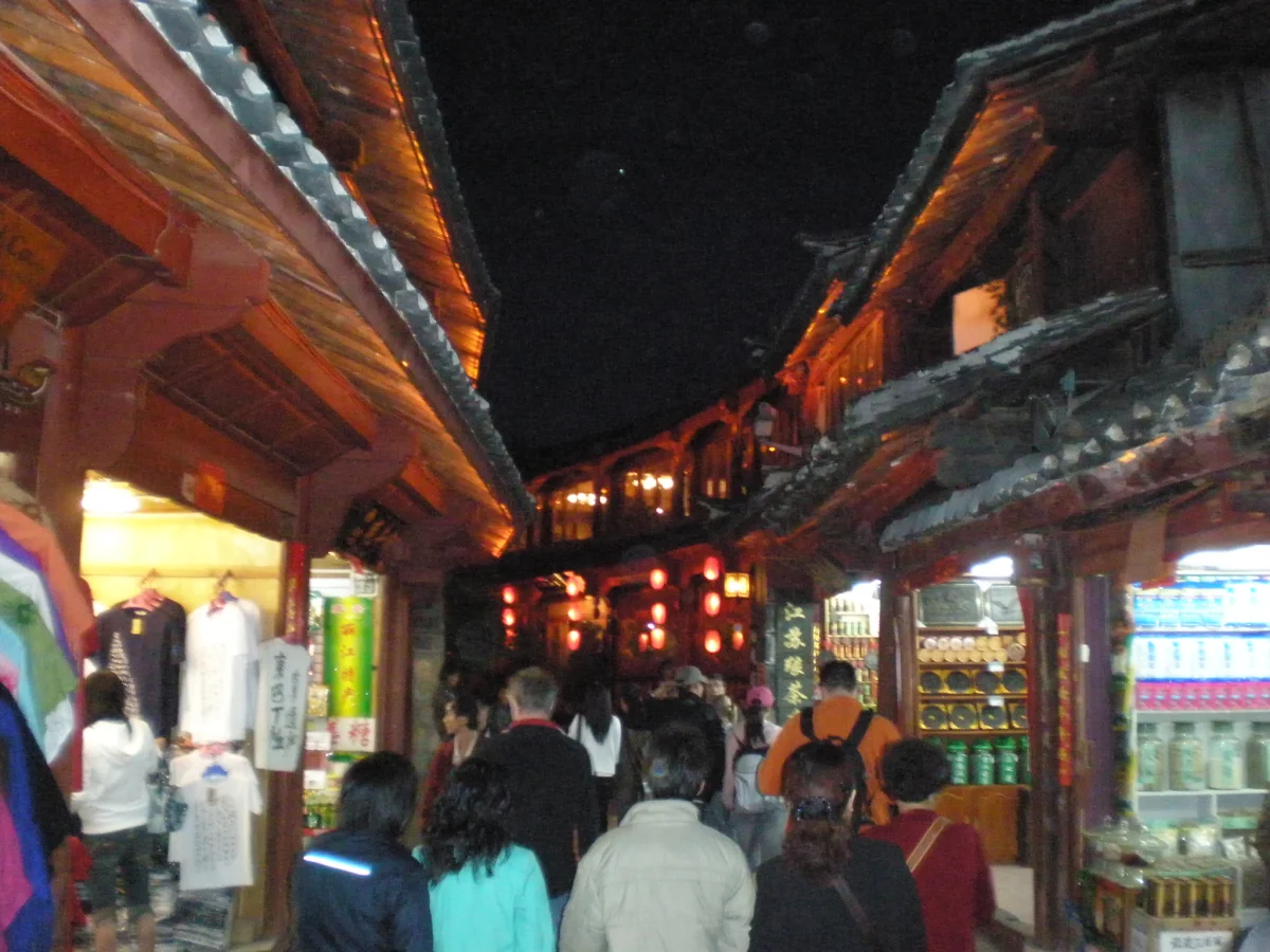 Evening shops and rooflines in Lijiang Old Town