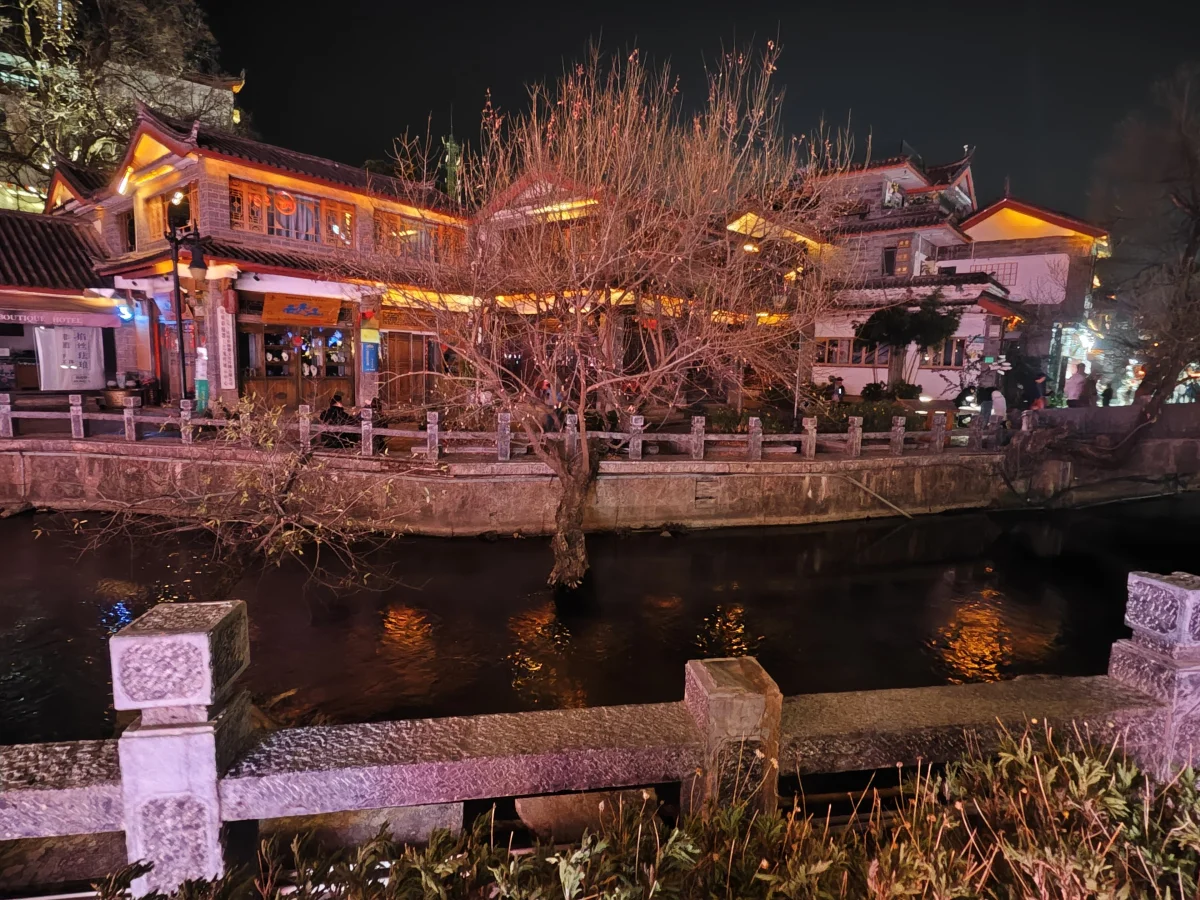 Canal-side roofs and water in Lijiang Old Town at night