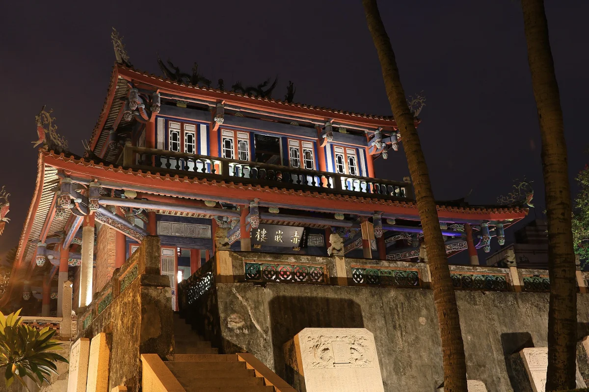 Steps and an illuminated pavilion at Chihkan Tower