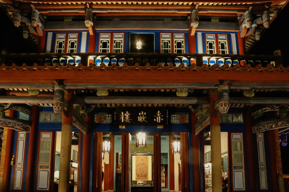 Painted beams and doorway of Haishen Temple at Chihkan Tower