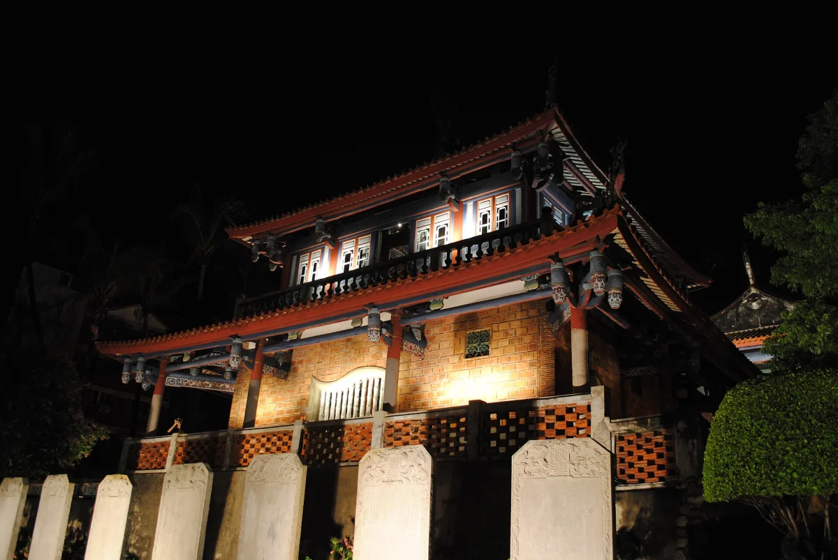Stone tablets in front of Chihkan Tower after dark